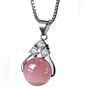 Silver Tone Chain Necklace Pink Stone Rhinestone Accents